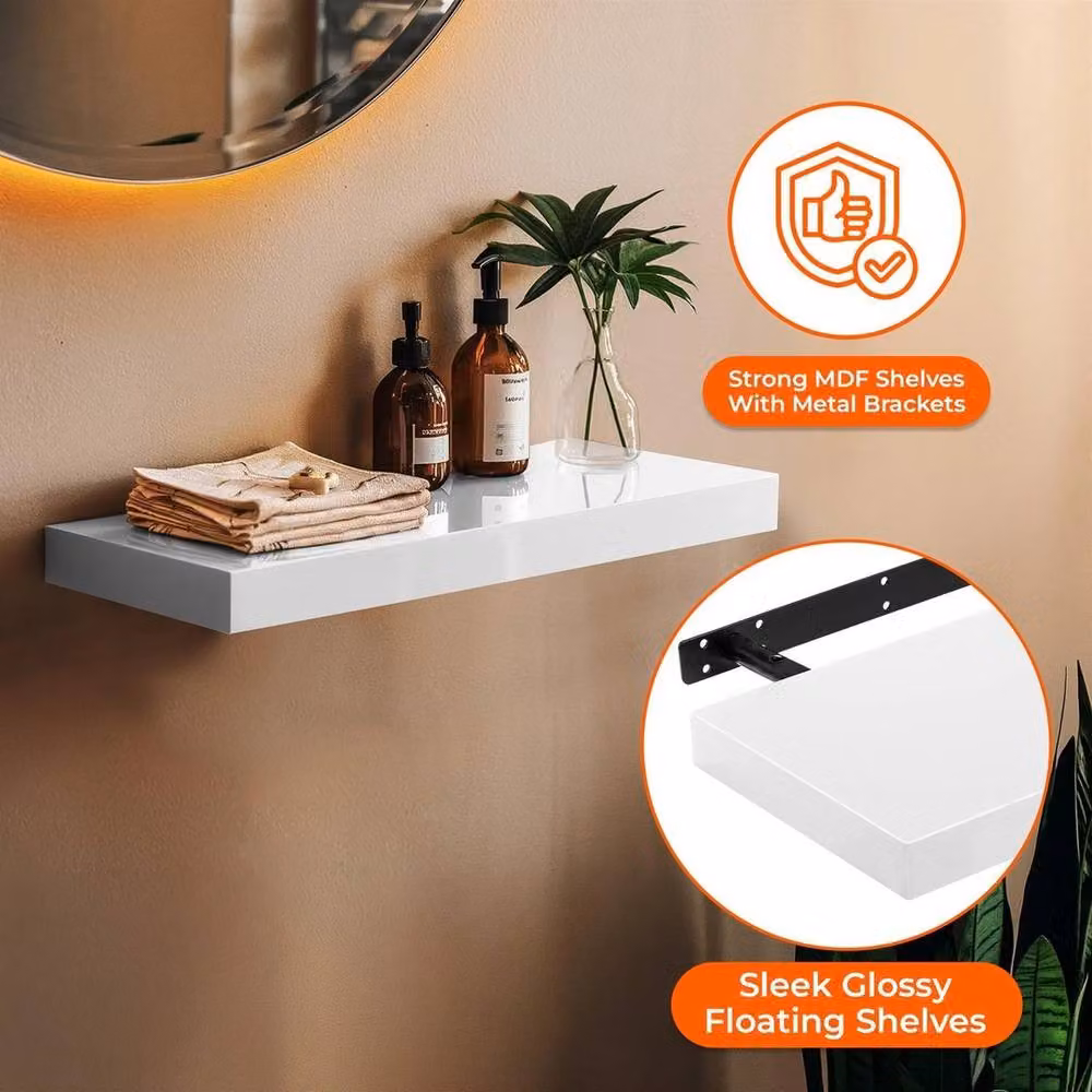 NESTLUNE Pack of 2 White High Gloss Floating Wall Shelves, W: 100 cm, D: 15 cm, H: 40 cm – 4