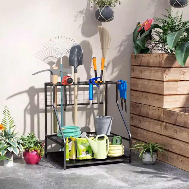 Outsunny Black Metal Freestanding Garden Tool Storage Rack