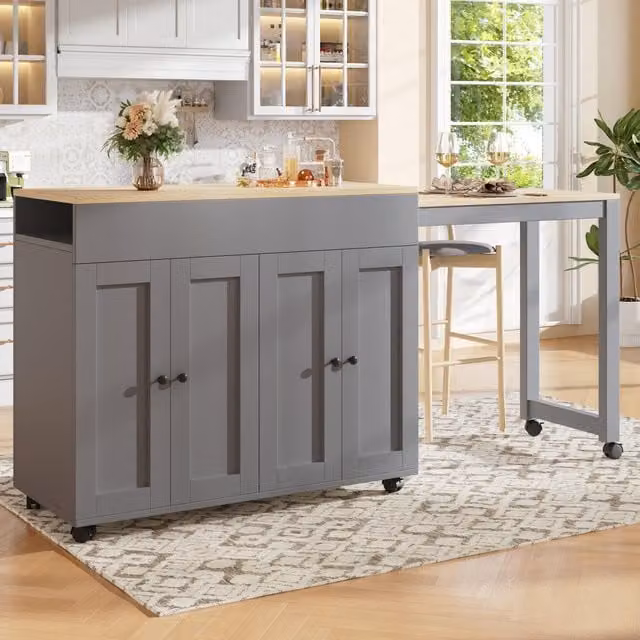 Aosom UK Grey Extendable Space-Saving Dining Bar Table with 6 Adjustable Shelves and Storage Cabinet, W/D/H: 118-180 x 50 x 94 cm