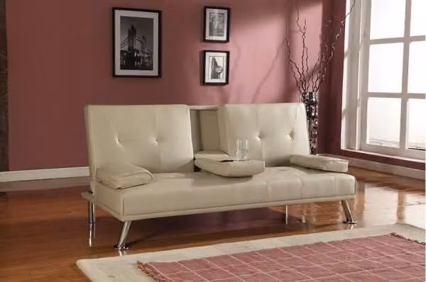 Comfy Living Ltd Faux Leather Italian Style Luxury Sofa Bed with Cup Holder in Beige