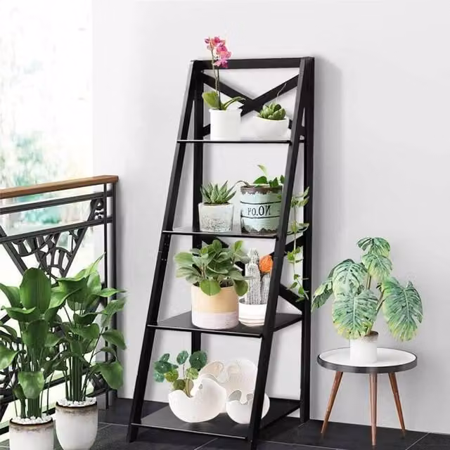 Havendro 4-Tier Wood and Metal Ladder Shelf in Black, H 142.5 x W 45.7 x D 20.0 cm – 1