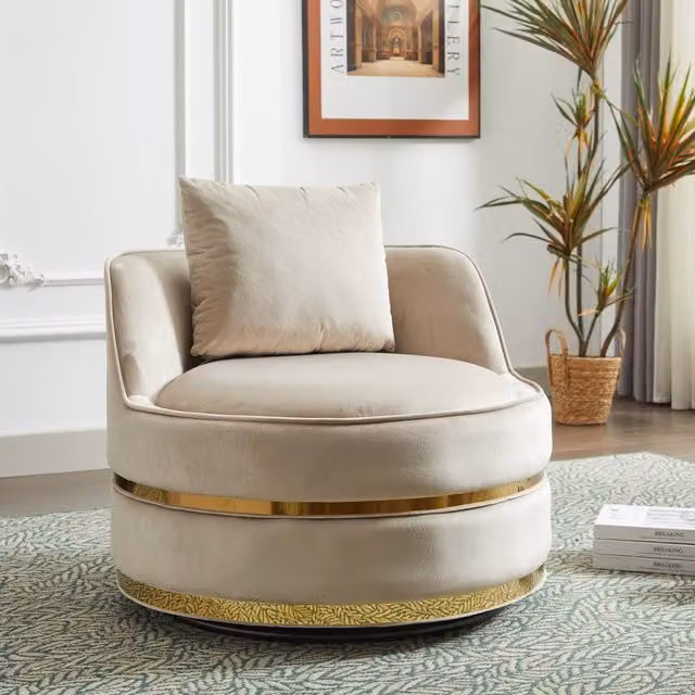 Matteo 360 Degree Swivel Barrel Accent Chair in Off-White Plush Velvet with Gold Metal Trim