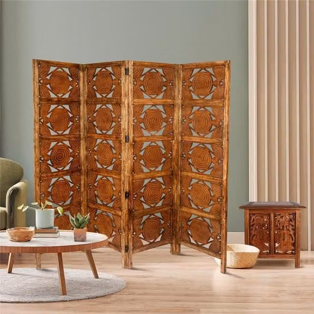 Topfurnishing 4 Panel Art Nouveau Carved Wooden Room Divider in Brown and White