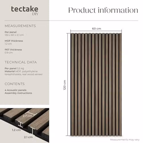 tectake Set of 4 Sound-Absorbing Acoustic Wall Panels with MDF and Wood Look in Brown, W/D/H: 120 x 60 x 2.1 cm – 5