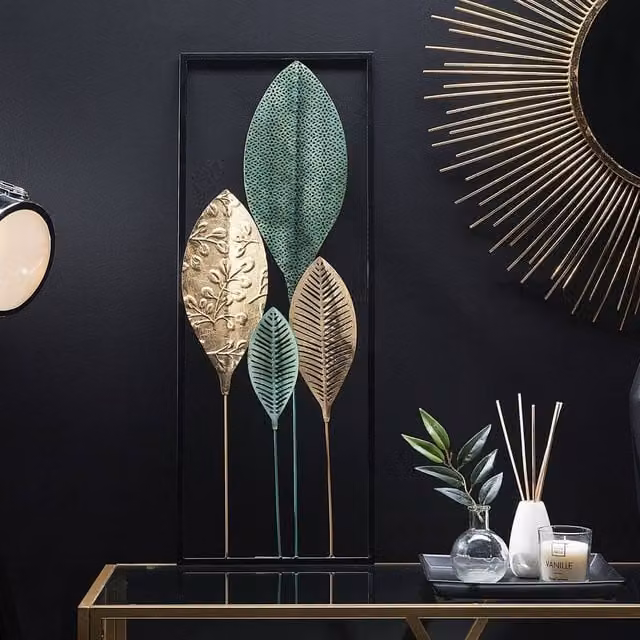 Wyld and Coco Turquoise and Gold Four Leaf Openwork Metal Floral Wall Art