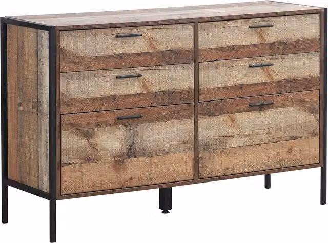 Timber Art Design Stretton Six Drawer Chest in Brown Oak and Black Industrial Style
