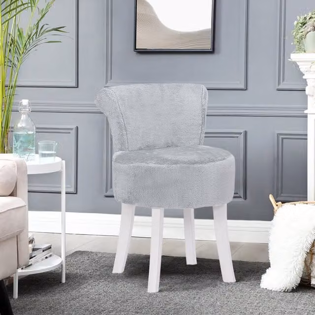 Livingandhome Plush Grey Dressing Stool and Makeup Chair with Rubberwood Legs