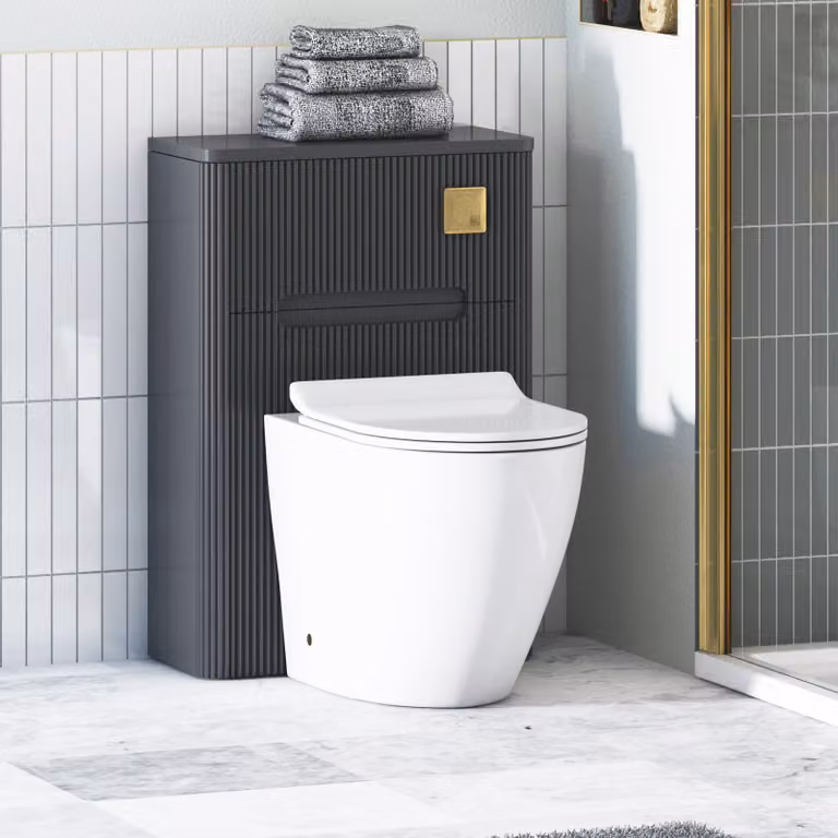 Avenza Matt Obsidian Black BTW WC Unit with Elva Rimless Ceramic Toilet Pan, Slim Soft Close Seat and Cistern, Width: 55 cm