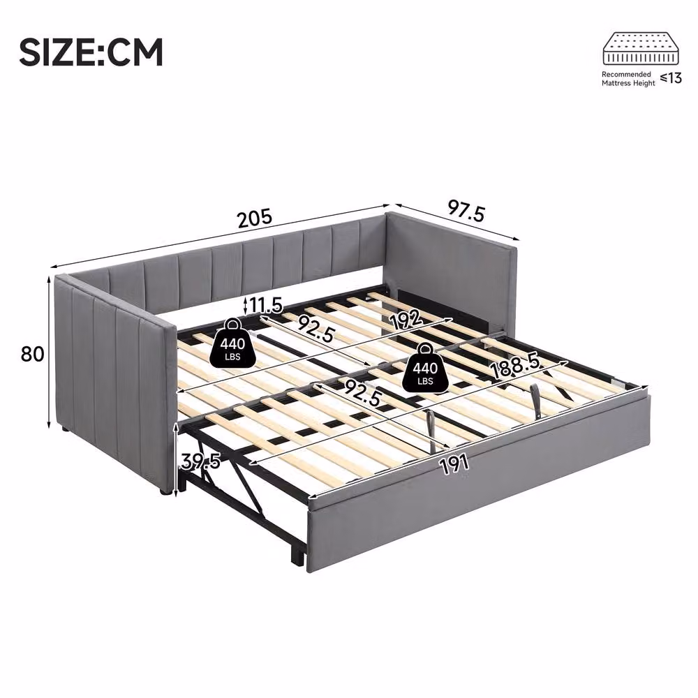 Rolipo Grey Velvet 3FT Single Daybed with Pull Out Trundle, W: 90 cm, L: 190 cm – 4