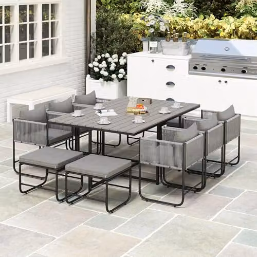 Outsunny 11-Piece Rattan Garden Dining Set with Modern Grey Cushions – 7