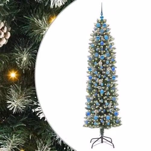 vidaXL Artificial Slim Cone Christmas Tree in Green and White, Height: 210 cm