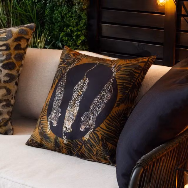 Paoletti Leopardis Trio Printed Outdoor Cushion in Black and Gold, W/D/H: 50 x 50 x 50 cm