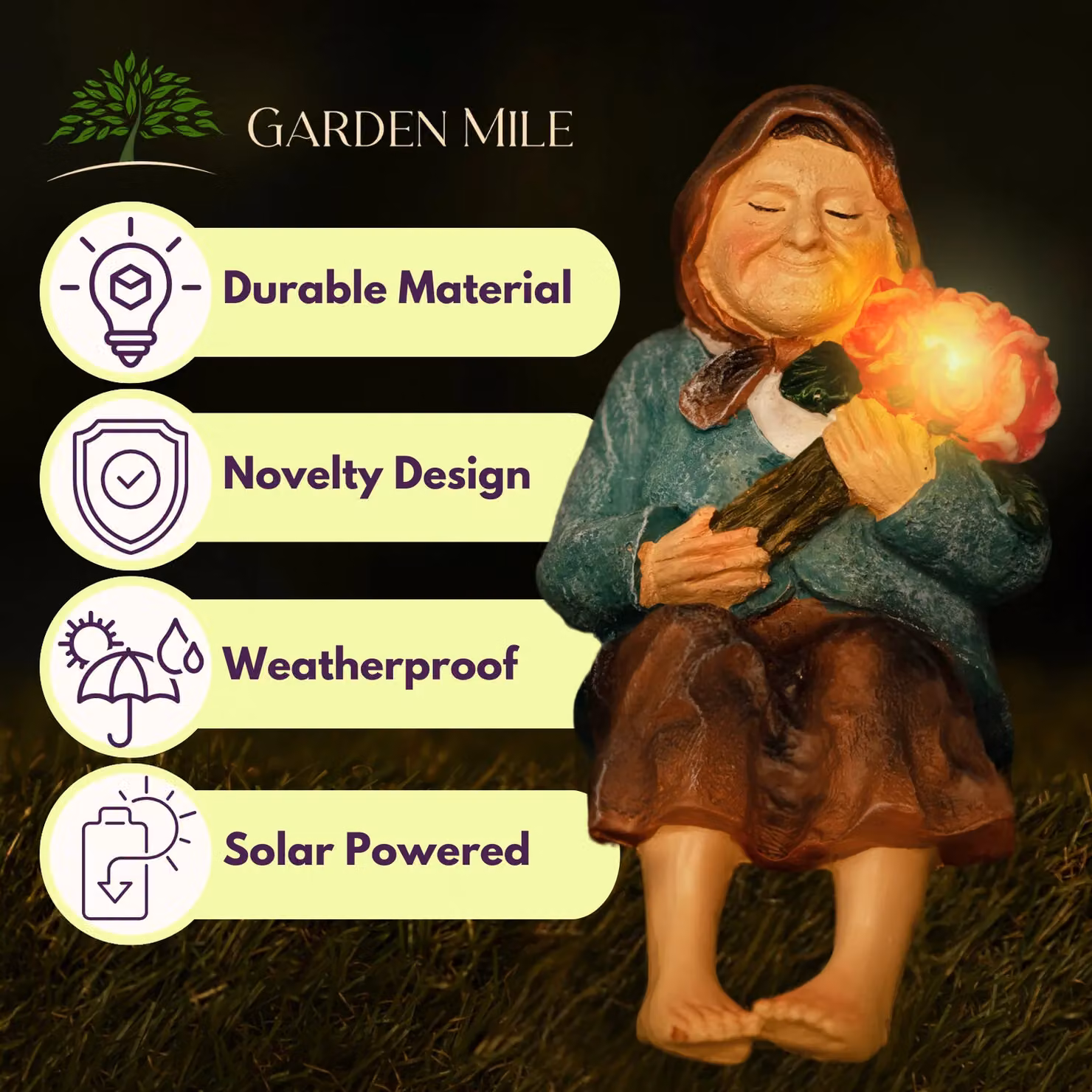 Marco Paul Multicolour Solar Powered Sitting Grandparent Garden Ornaments in Polyresin – 5
