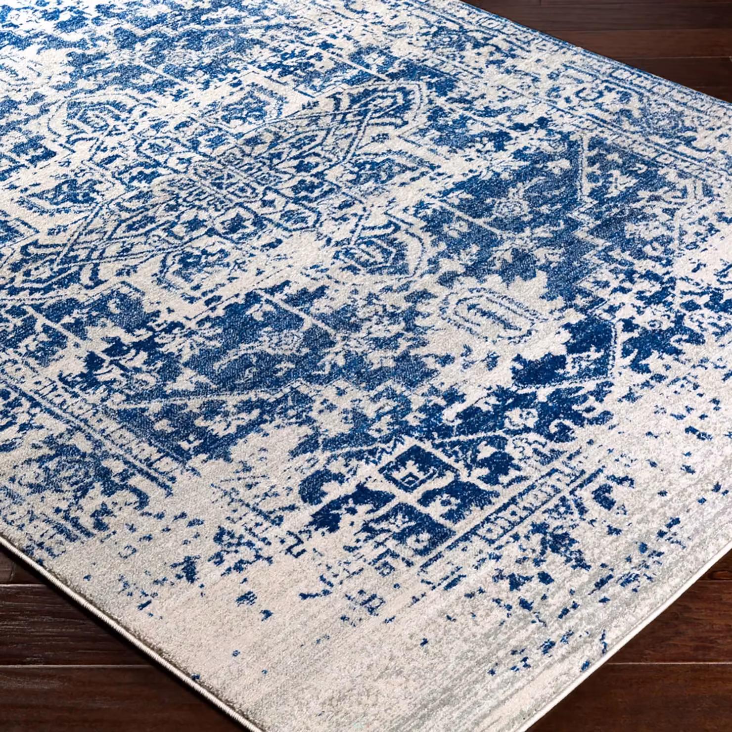 Livabliss Harput Vintage Round Boho Living Room Rug in Navy, Grey, Blue, Orange and White, Diameter: 160 cm – 5