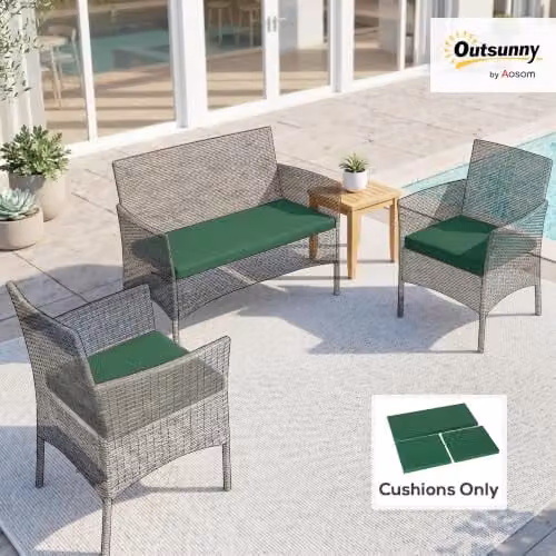 Outsunny Set of 3 Green Rectangular Rattan Garden Seat Cushion Pads with Removable Washable Covers – 2