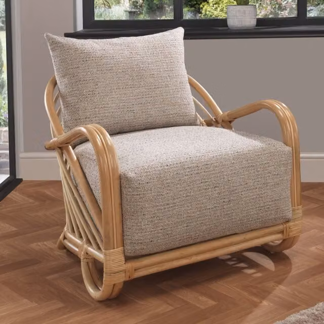 Desser Arch Cane Accent Chair with Cushion in Blush Pink Tweed and Rattan