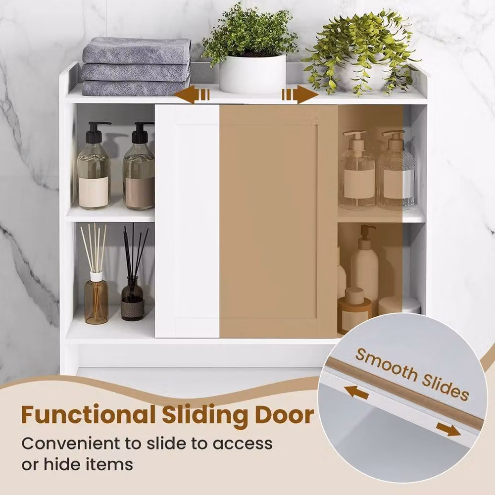 VOGREX White Freestanding Bathroom Storage Rack with Sliding Doors and Internal Shelves – 2