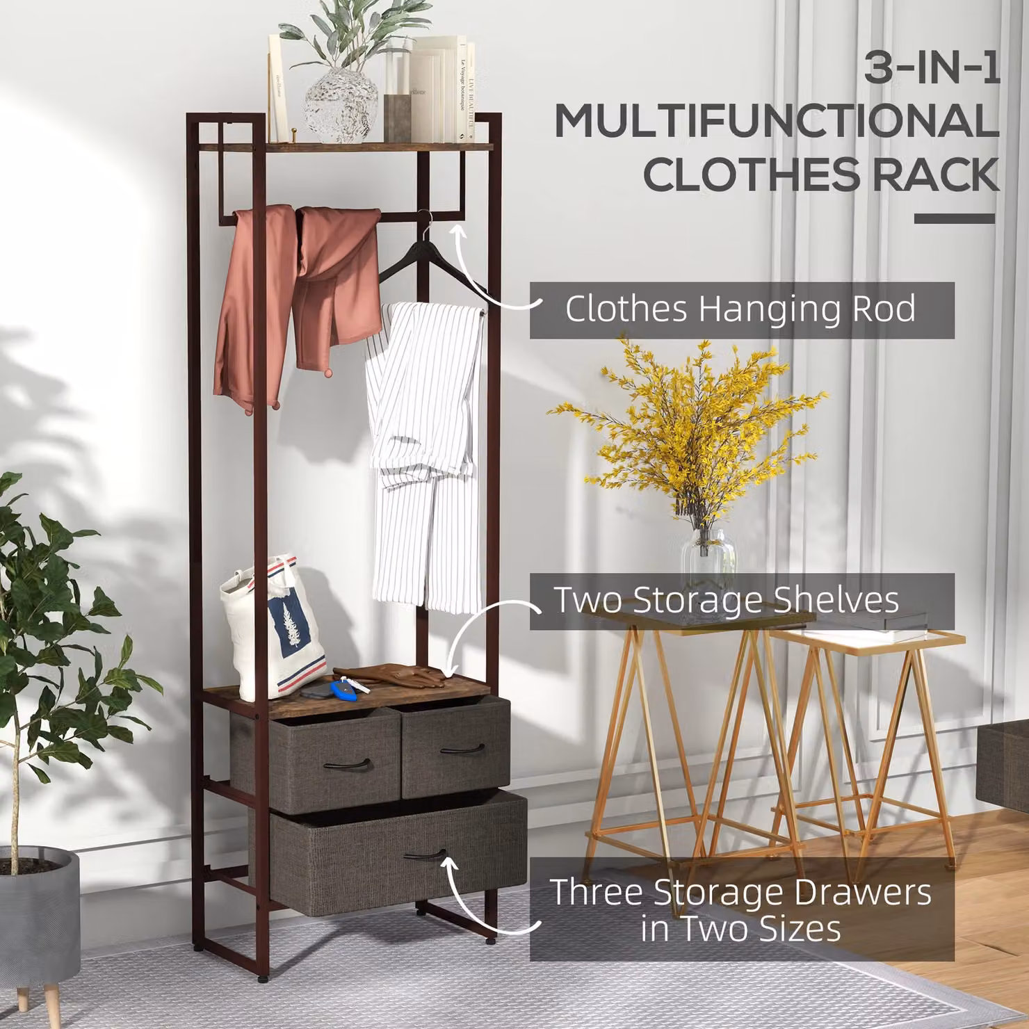 HOMCOM Free Standing Clothes Rail Garment Rack with 3 Fabric Drawers in Brown – 3
