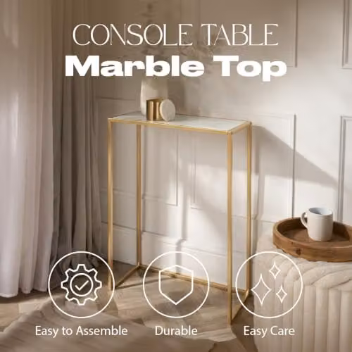 OHS Manhattan Marble Effect Console Table with Gold Metal Frame in White, W/D/H: 76 x 26 x 56 cm – 2