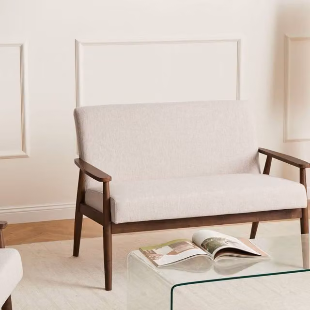 Wyld and Coco Retro 2-Seater Upholstered Sofa in Beige and Brown with Mixed Wood Frame