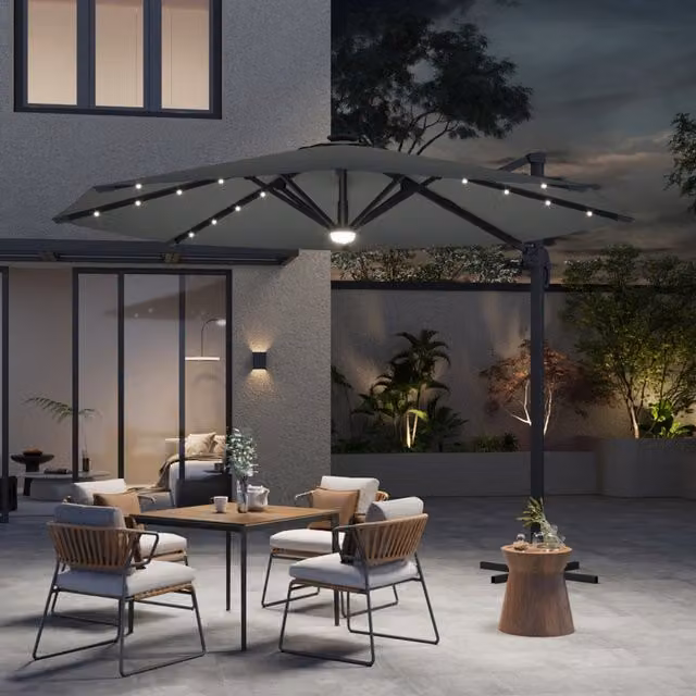 Breeins Round Cantilever Parasol with Solar LED Light in Grey