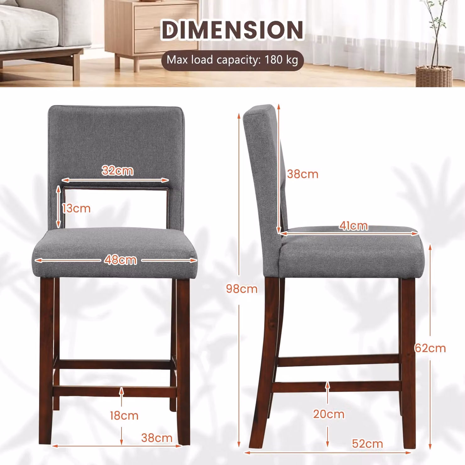 Costway Set of 2 Grey Linen Upholstered Counter Height Bar Stools with Rubberwood Legs – 2