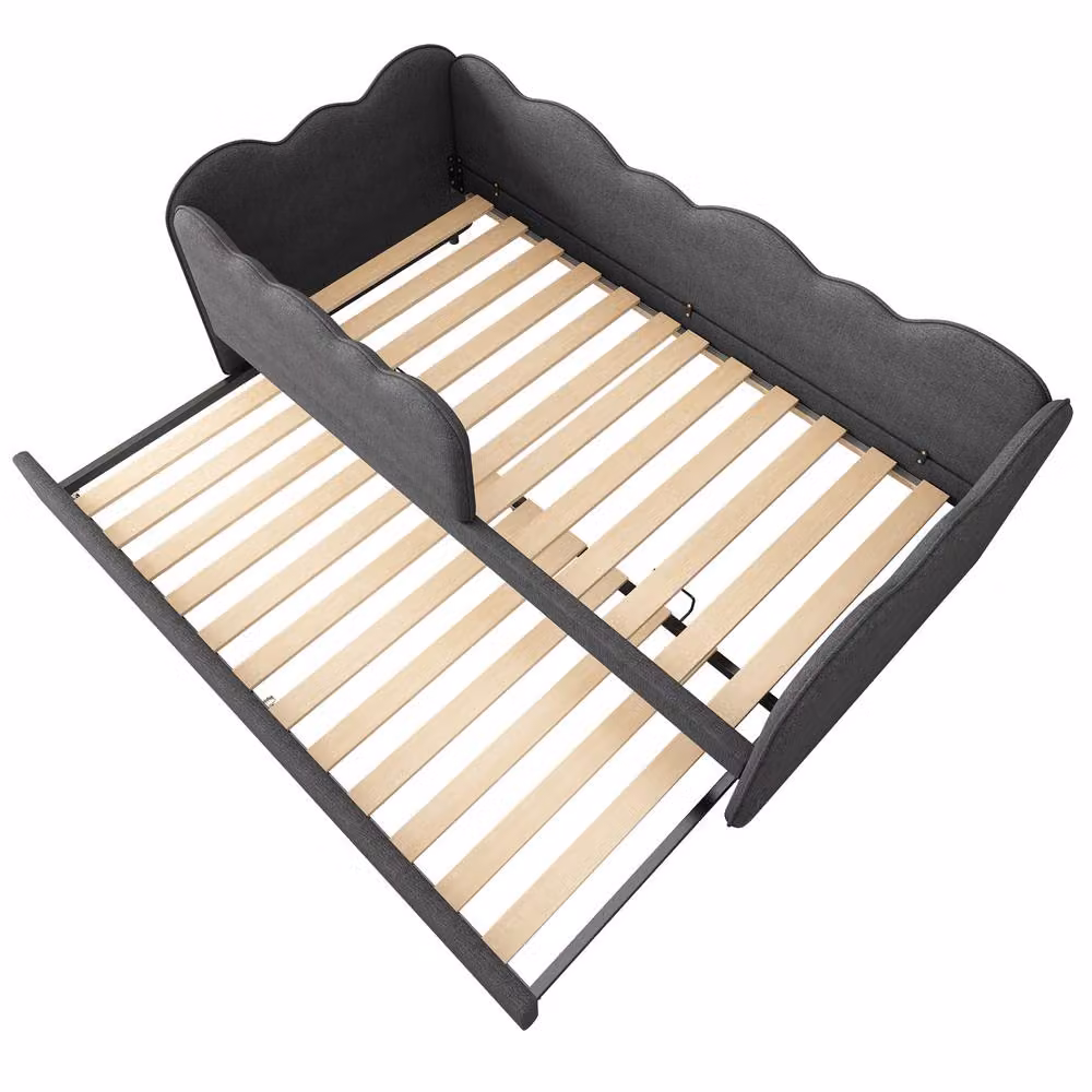 STILVORA Modern Upholstered Single Daybed with Pull-Out Trundle in Grey Linen, W/D/H: 90 x 190 x 70 cm – 6