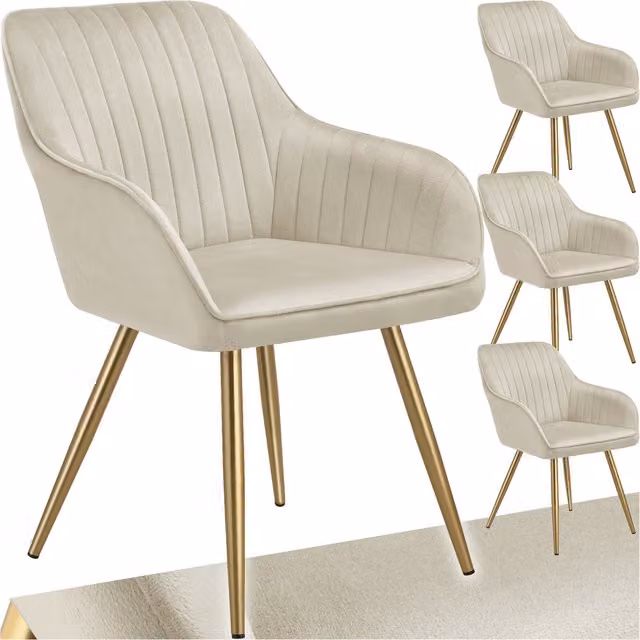 Tectake Marilyn Dining Chair Set of 4 in Beige and Gold Velvet with Metal Legs