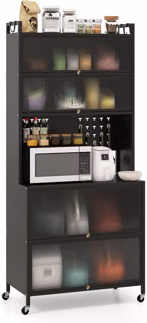 COSTWAY 6-Tier Modern Black Kitchen Pantry Cabinet with Doors and Open Shelves