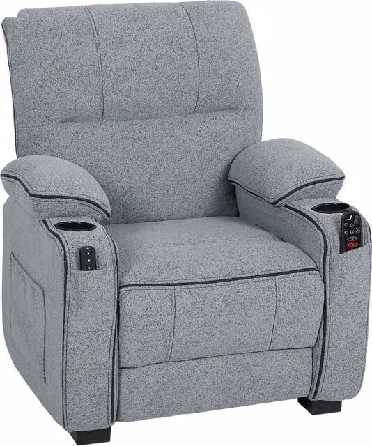 HOMCOM Grey Velvet Electric Massage Recliner Armchair with Heat, Vibration, USB Port and Cup Holders – 1