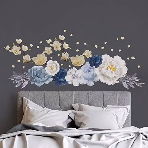 WALPLUS White Magnolia and Blue Watercolour Floral Peel and Stick Self-Adhesive Wall Stickers – 2