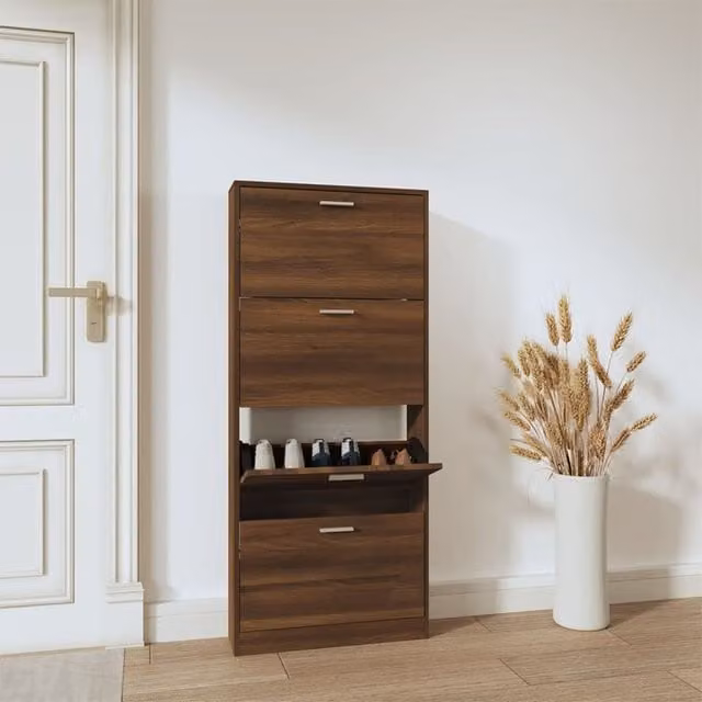 Berkfield Home Brown Oak Shoe Cabinet with Tilting Compartments, W/D/H: 59 x 17 x 150 cm