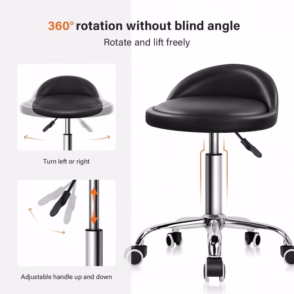 KKTONER Comfortable Black PU Leather Round Rolling Stool with Back Rest and 360 Degree Swivel – 4