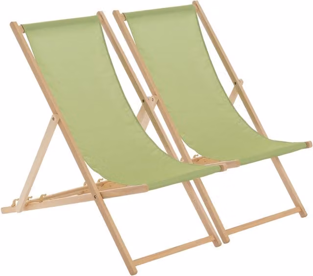 Harbour Housewares Set of 2 Green Wooden Folding Garden Sun Loungers with UV-Resistant Polyester Fabric