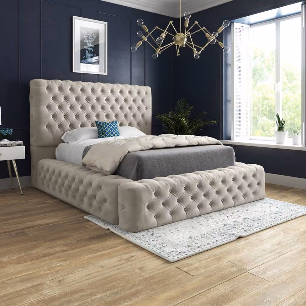 Casani Woolmer Upholstered Chesterfield Bed Frame in Beige, W/D/H: 120 x 200 x 137 cm – 2