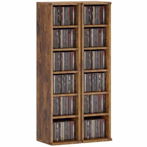 HOMCOM Set of 2 Rustic Brown CD and DVD Storage Tower Racks with Adjustable Shelves