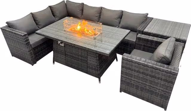 Fimous 7-Seater Rattan Garden Dining Set with Side Table in Dark Grey