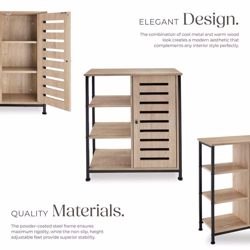 tectake Industrial Sideboard with 3 Open Shelves in Light Oak and Black – 3