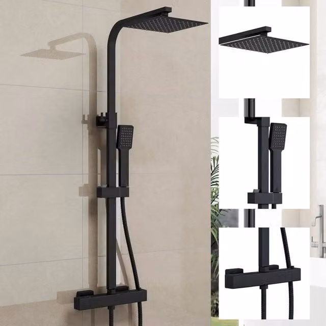 Hinsinc Luxury Thermostatic Twin Head Square Shower Set with Overhead Shower and Wall Bar in Matte Black, W: 52 cm