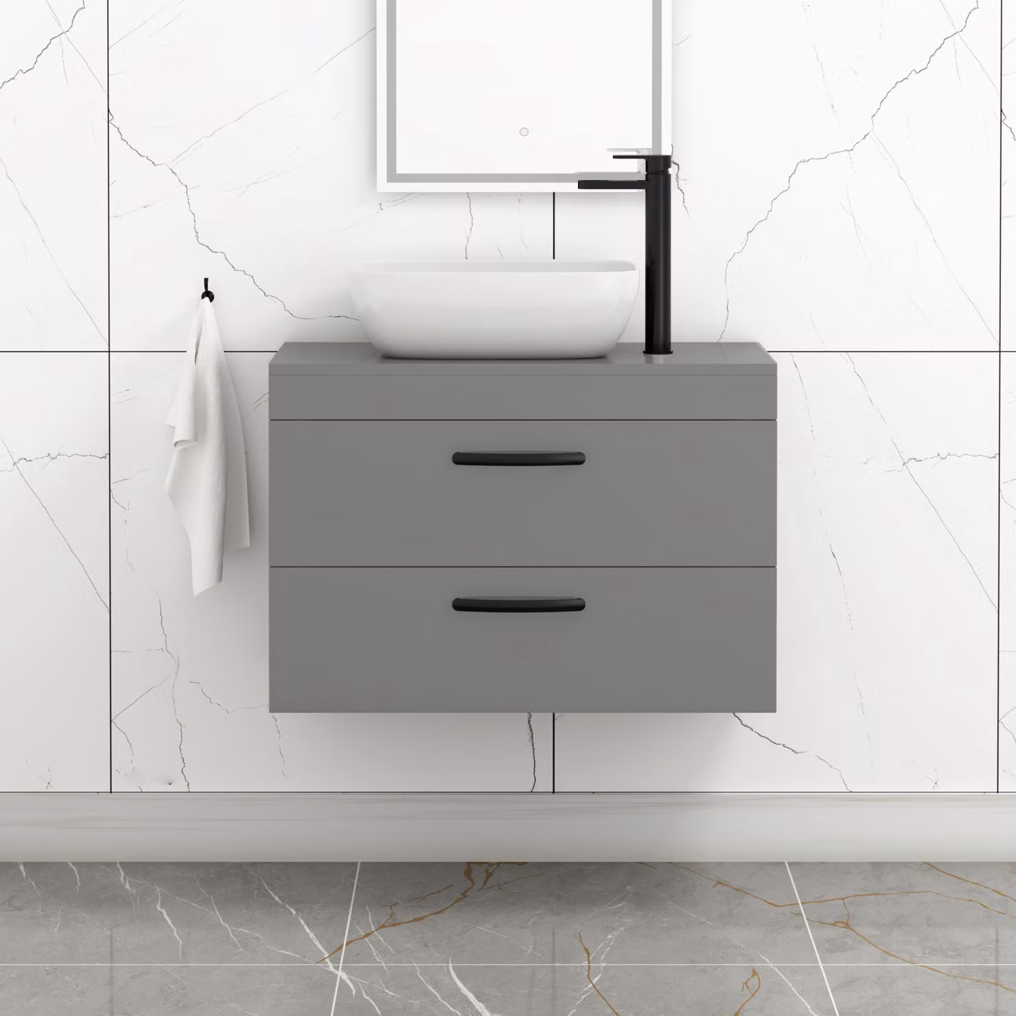 Royal Bathrooms 800mm Wall Hung Vanity Unit with 2 Drawers in Indigo Grey Gloss and Elva Countertop Basin with Matt Black Handle