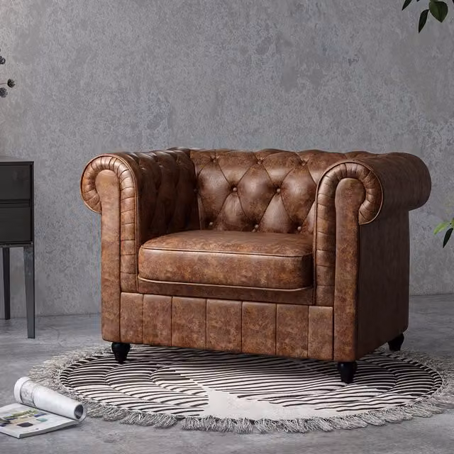 Livingandhome Mid-Century Chesterfield Wingback Armchair in Brown Synthetic Leather