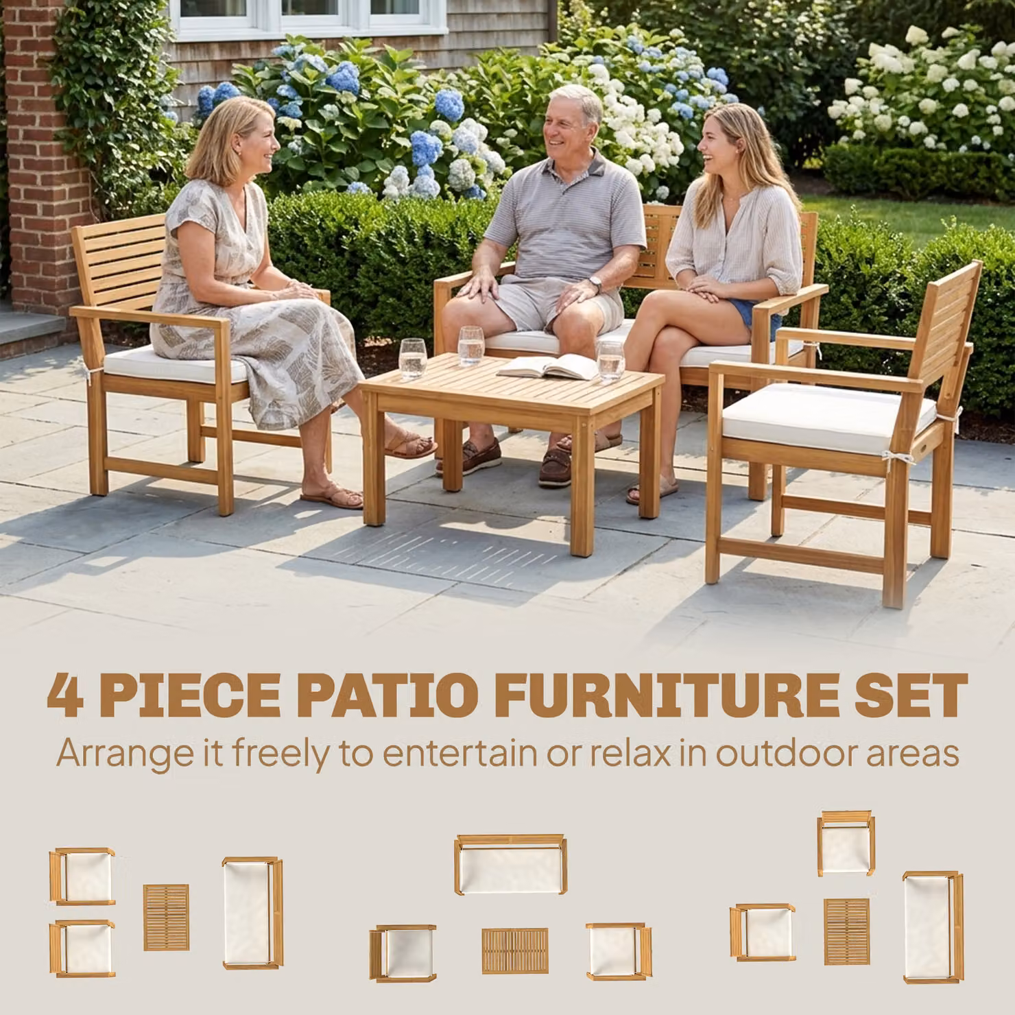 Outsunny 4 Seater Acacia Wood Garden Furniture Set with Loveseat, Armchairs and Table in Cream White and Brown – 3