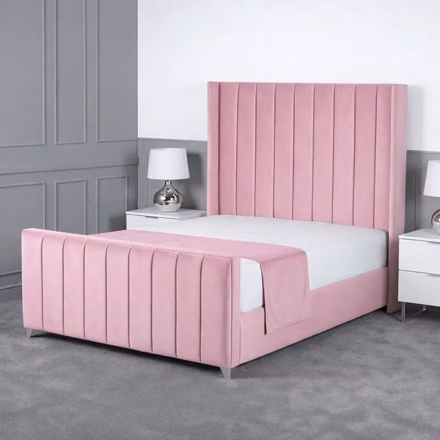 Living Comfort Bedz Imperial Winged Upholstered Velvet Bed with Slatted Base and 48 Inch Headboard in Pink, W/D/H: 140 x 200 cm