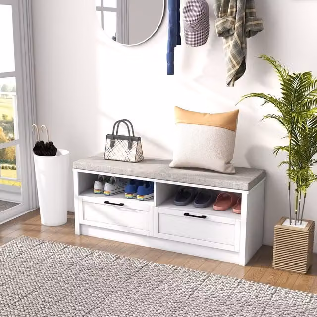 HOMCOM Modern Shoe Storage Bench with Padded Fabric Seating and Hallway Organiser in White or Beige – 1