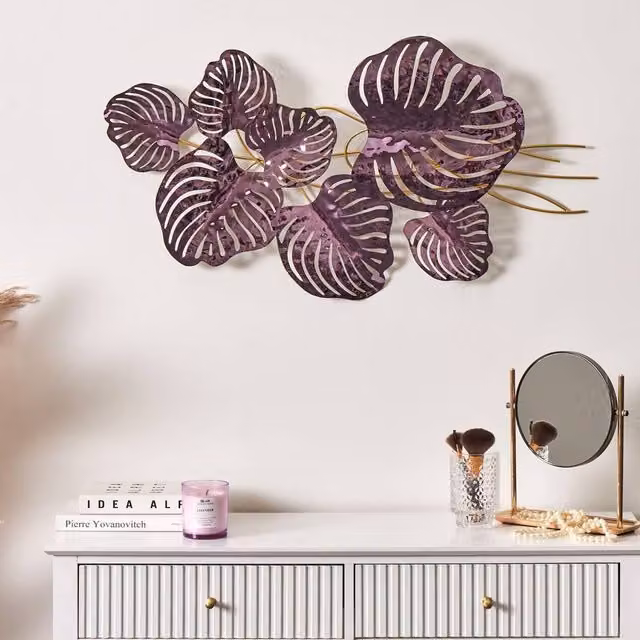 Wyld and Coco Modern Abstract Floral Metal Wall Decor in Purple, White and Gold – 1