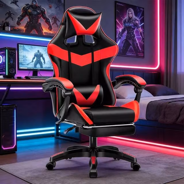 EONLION Ergonomic Racing Gaming Chair in Black Synthetic Leather with Headrest and Armrests