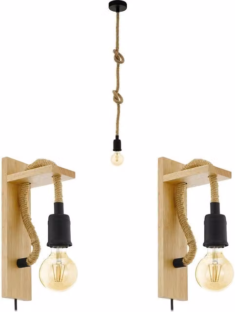 Loops Black and Wood Ceiling Pendant Light and Matching Wall Lights Set with Knot Rope Detail – 1