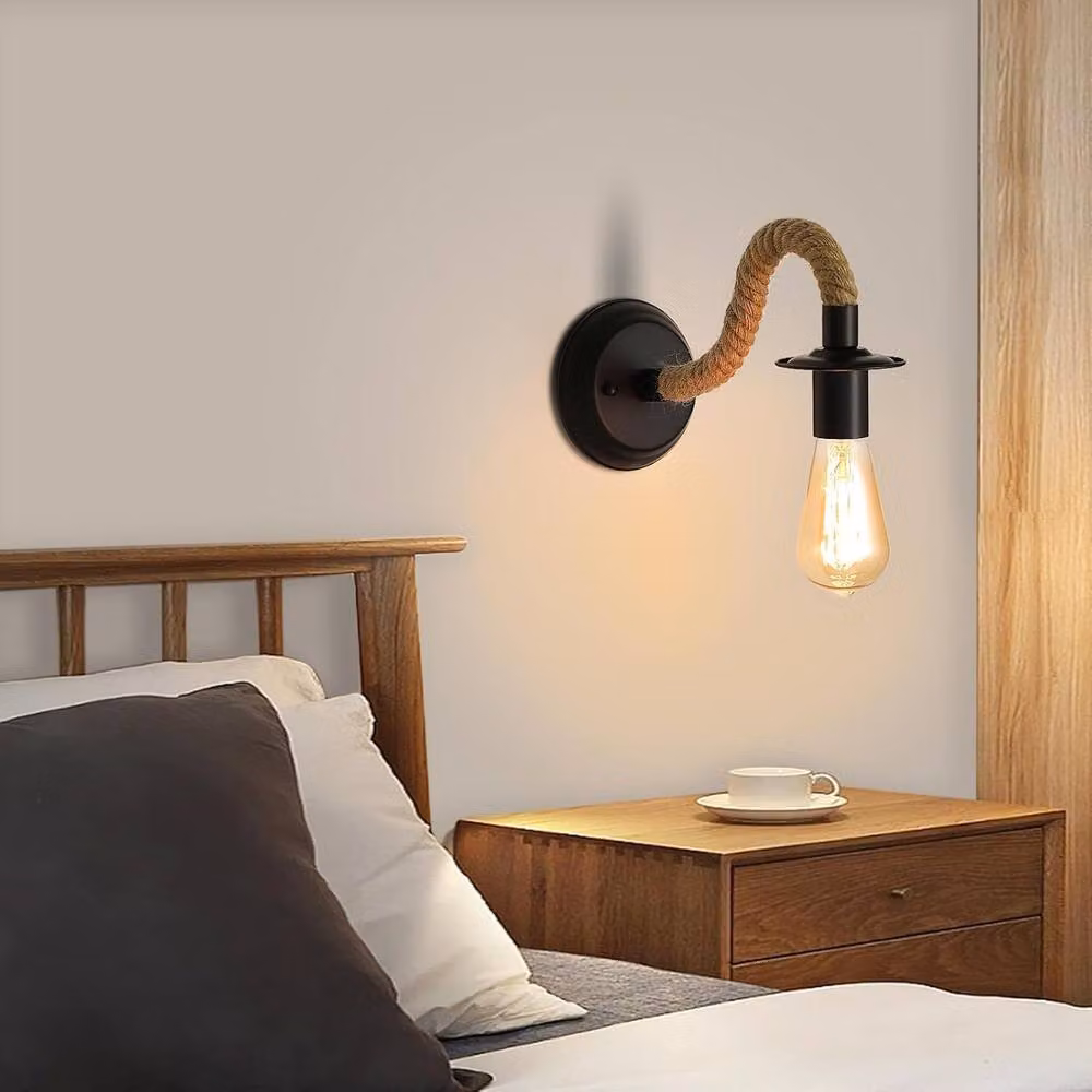 Goeco 2 Piece Set of Industrial Style Vintage Wall Lamps in Black with Hemp Rope and Metal Design, E27 Fitting – 4
