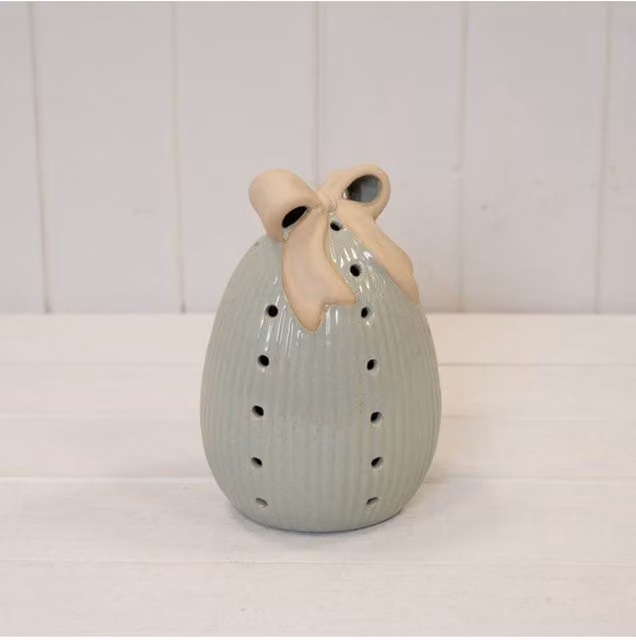 KDMD Large Sage Green Ceramic Easter Egg with Bow and LED Timer