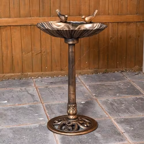Samuel ALEXANDER Bronze Effect Garden Bird Bath with Bird Sculptures and Clam Shell Pedestal, Height: 81 cm